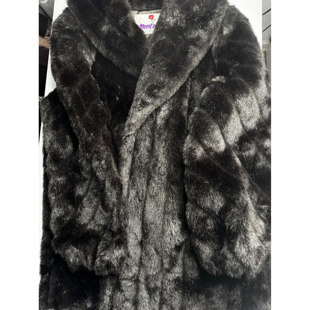 Monterey Fashions Faux Fur Coat Dark Brown Shawl Collar Vintage Size 16 USA Made